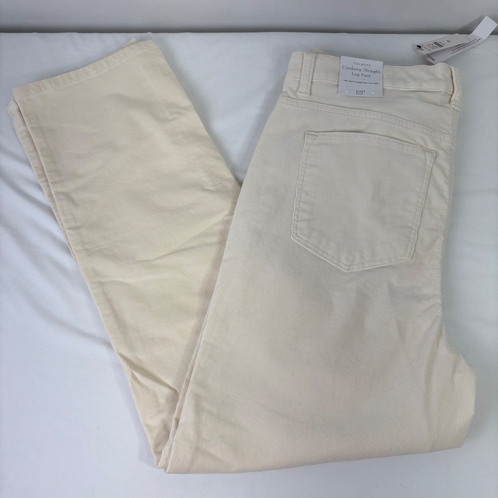 Talbots Corduroy High Rise Straight Leg Pants Cream Off White Size 12P NWT